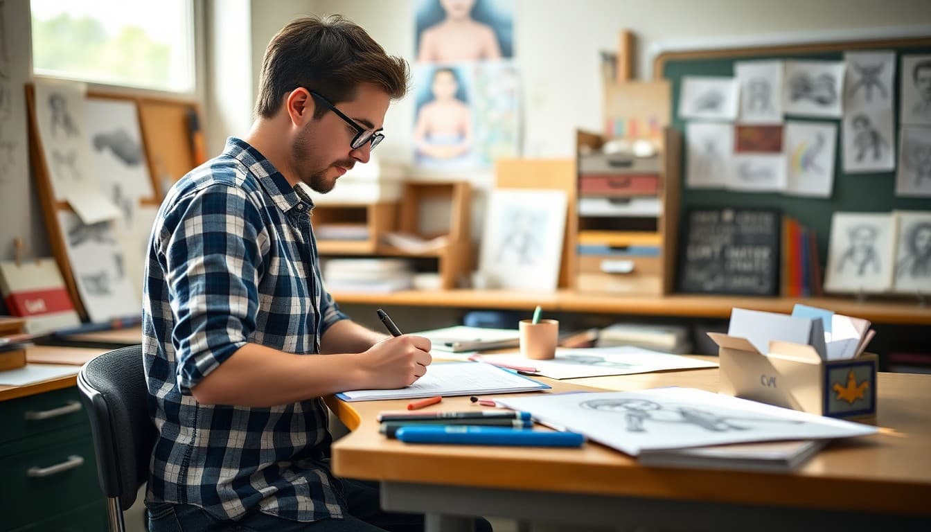 Art teacher writing first unit newsletter at studio desk surrounded by student sketches and graphite drawing samples