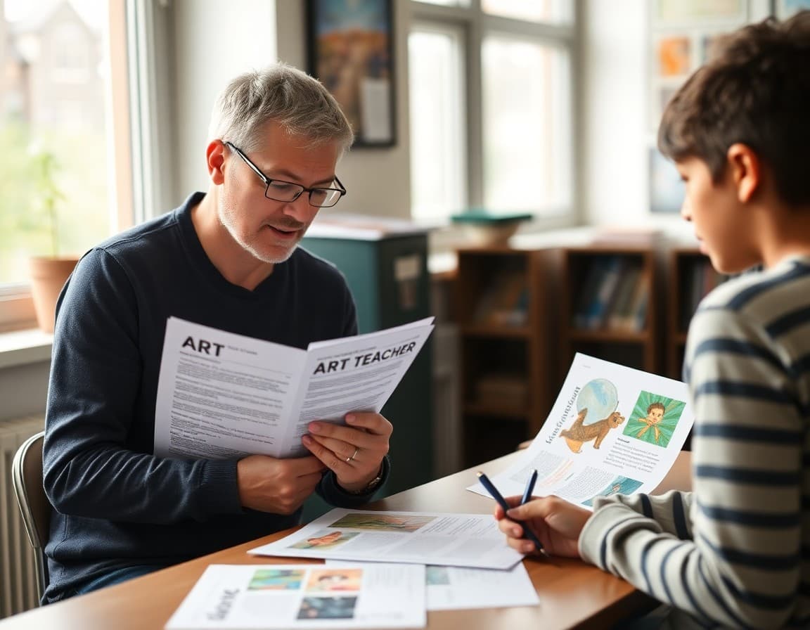 Parent reviewing art teacher grade report newsletter alongside student's portfolio of artwork and reflection sheets