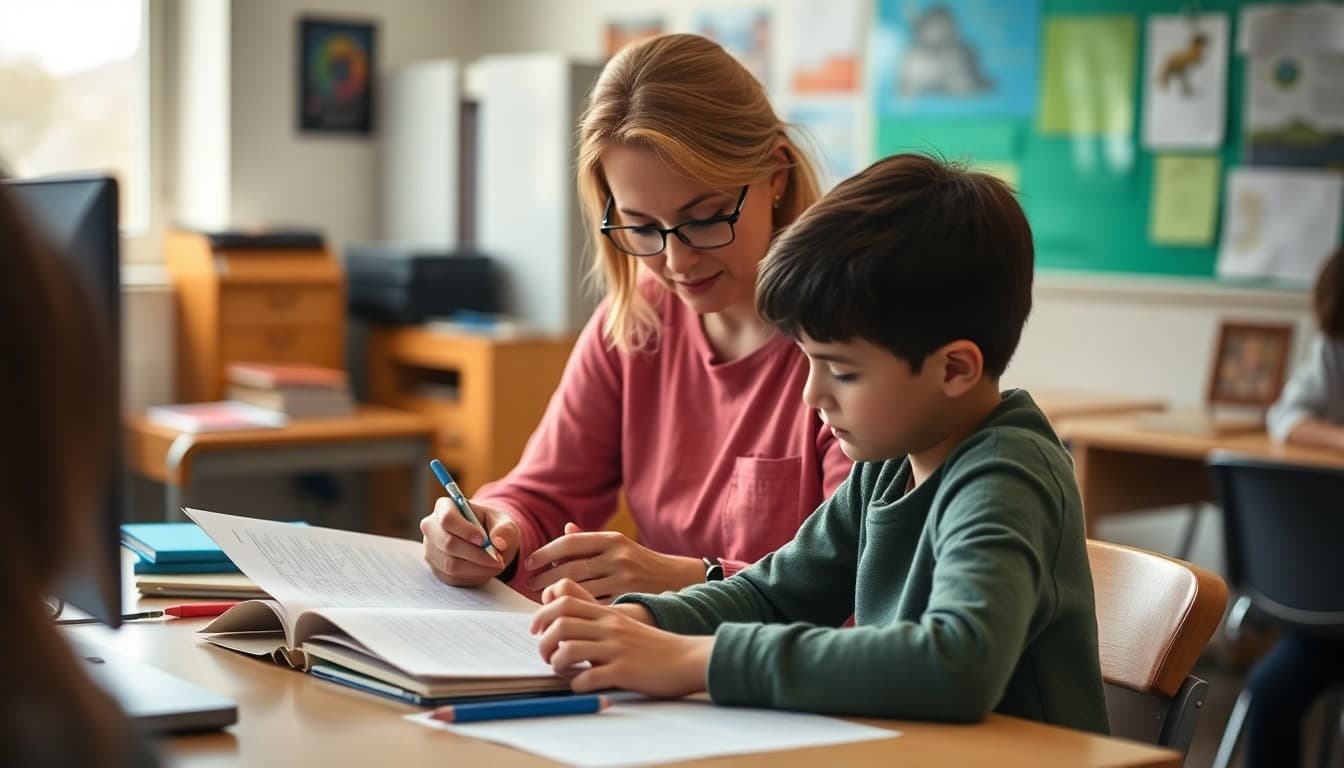 Art teacher reviewing student portfolio grades and written reflections at desk to prepare parent communication