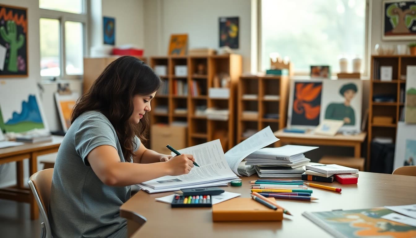 Art teacher planning newsletter topics at a studio table with student projects visible
