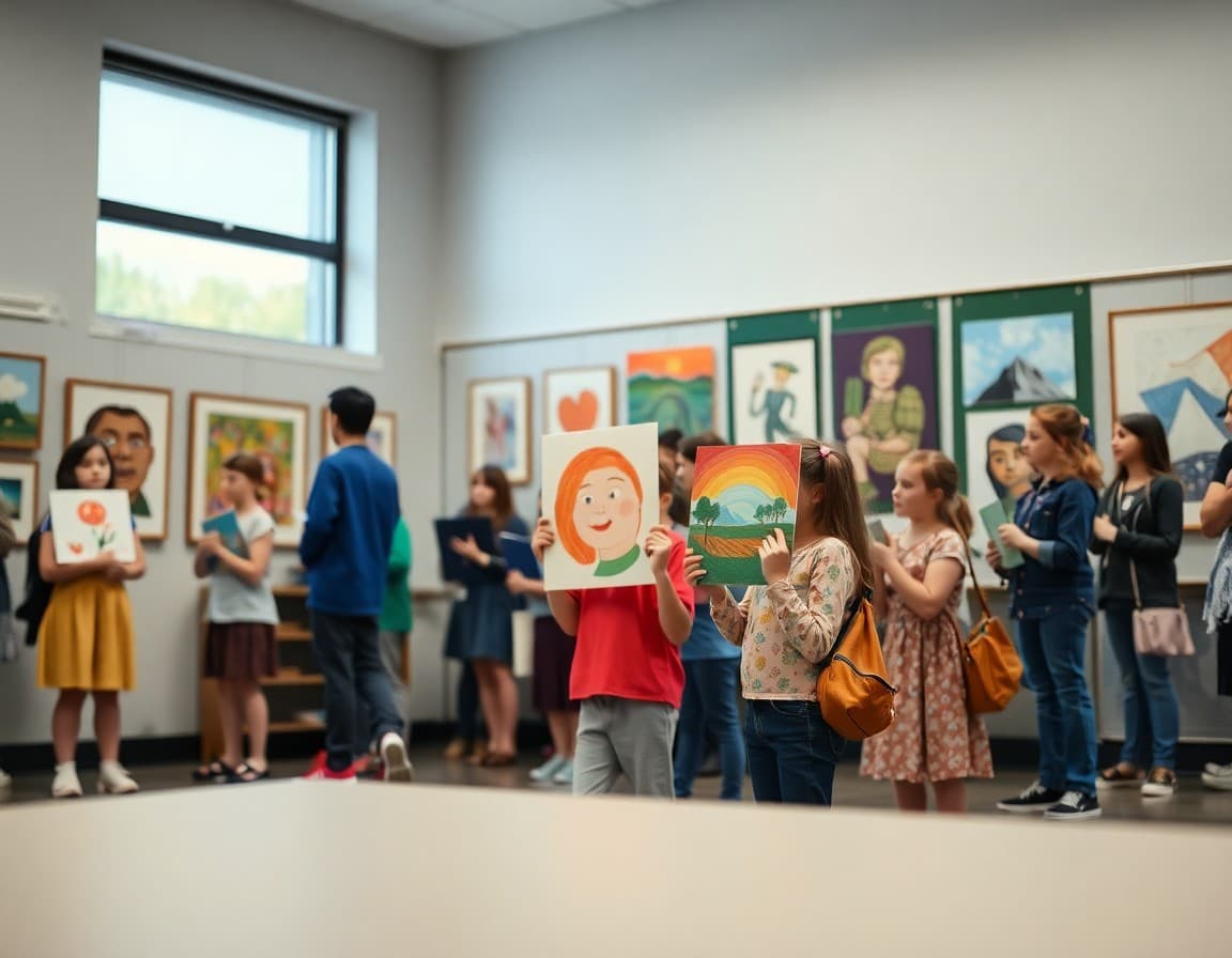 Students presenting original artwork during school art month celebration with families attending the gallery walkthrough