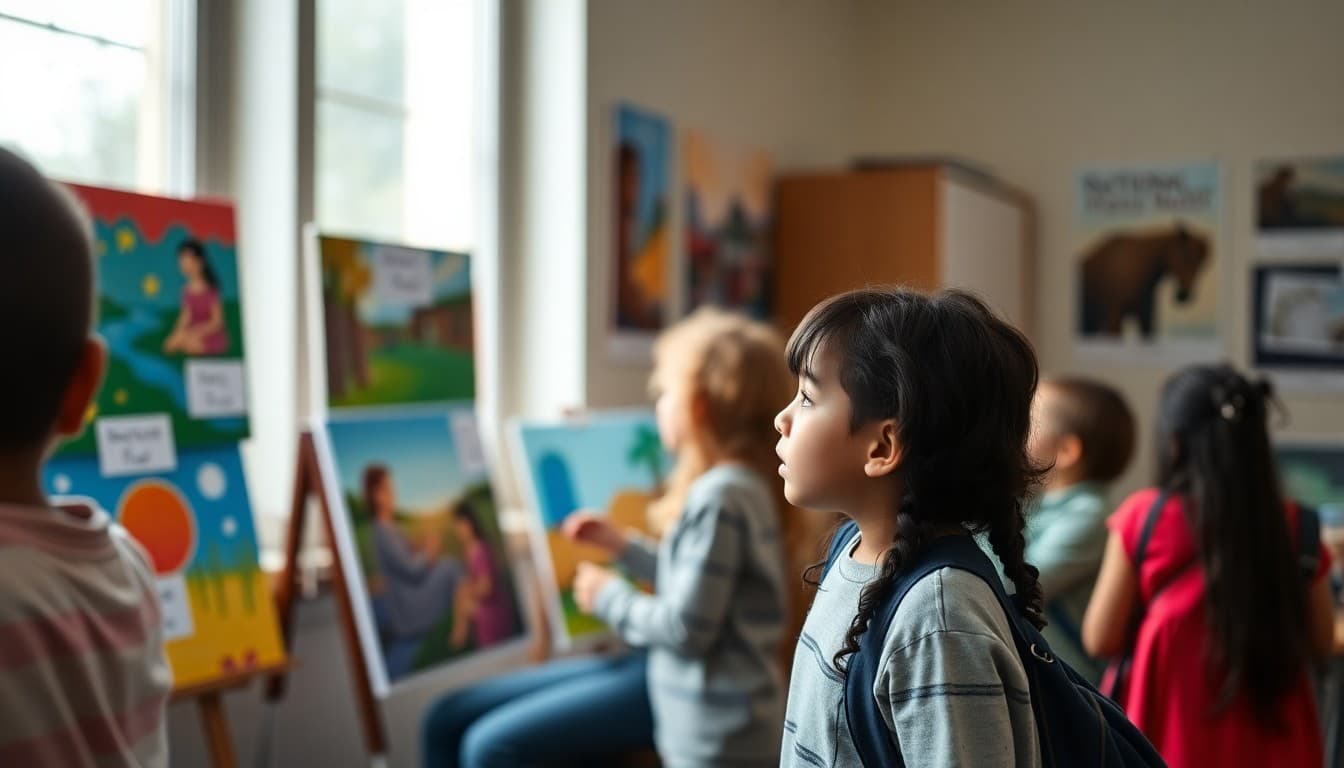 Art classroom with student paintings displayed for National Art Education Month alongside artist biography posters