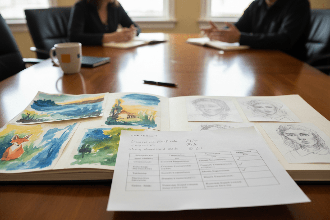 A student art portfolio open on a table during a parent-teacher conference with assessment notes and artwork visible