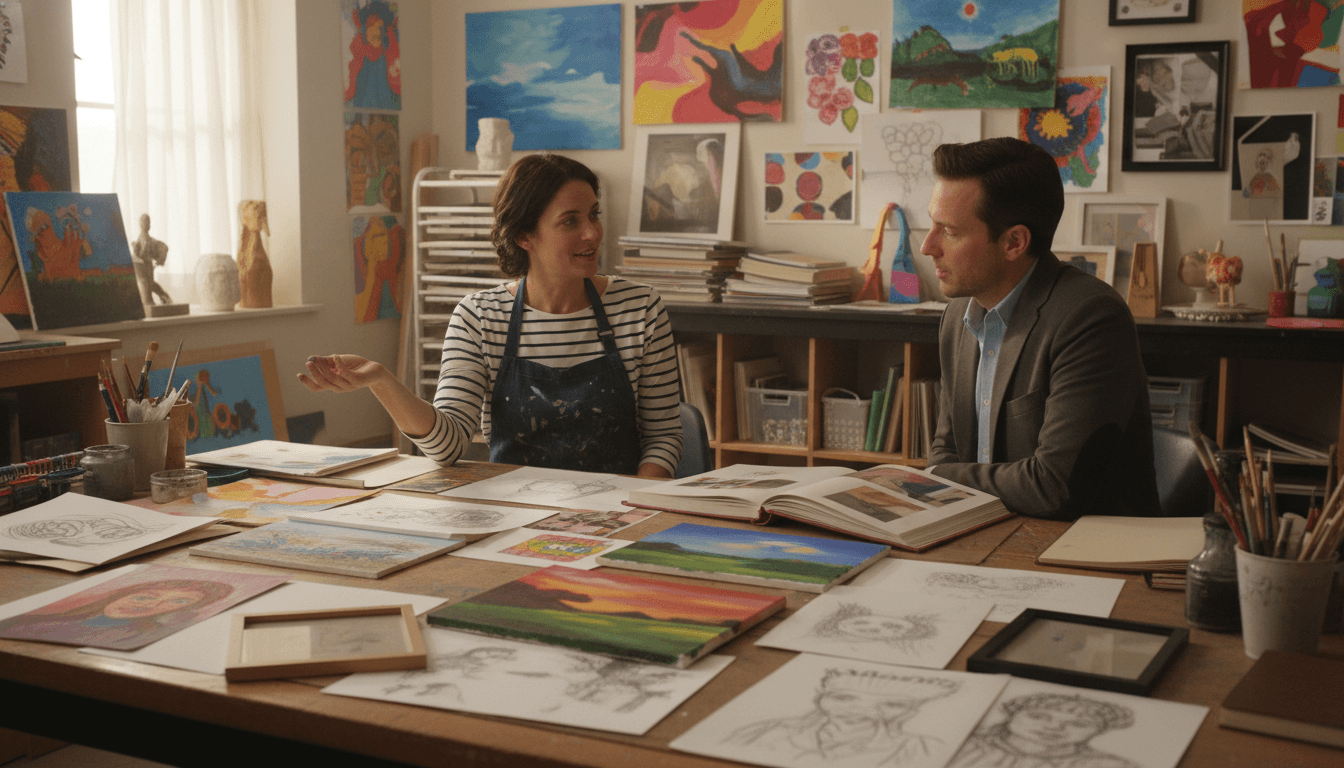 Art teacher sitting with a parent reviewing a student's art portfolio during a parent conference in the art studio