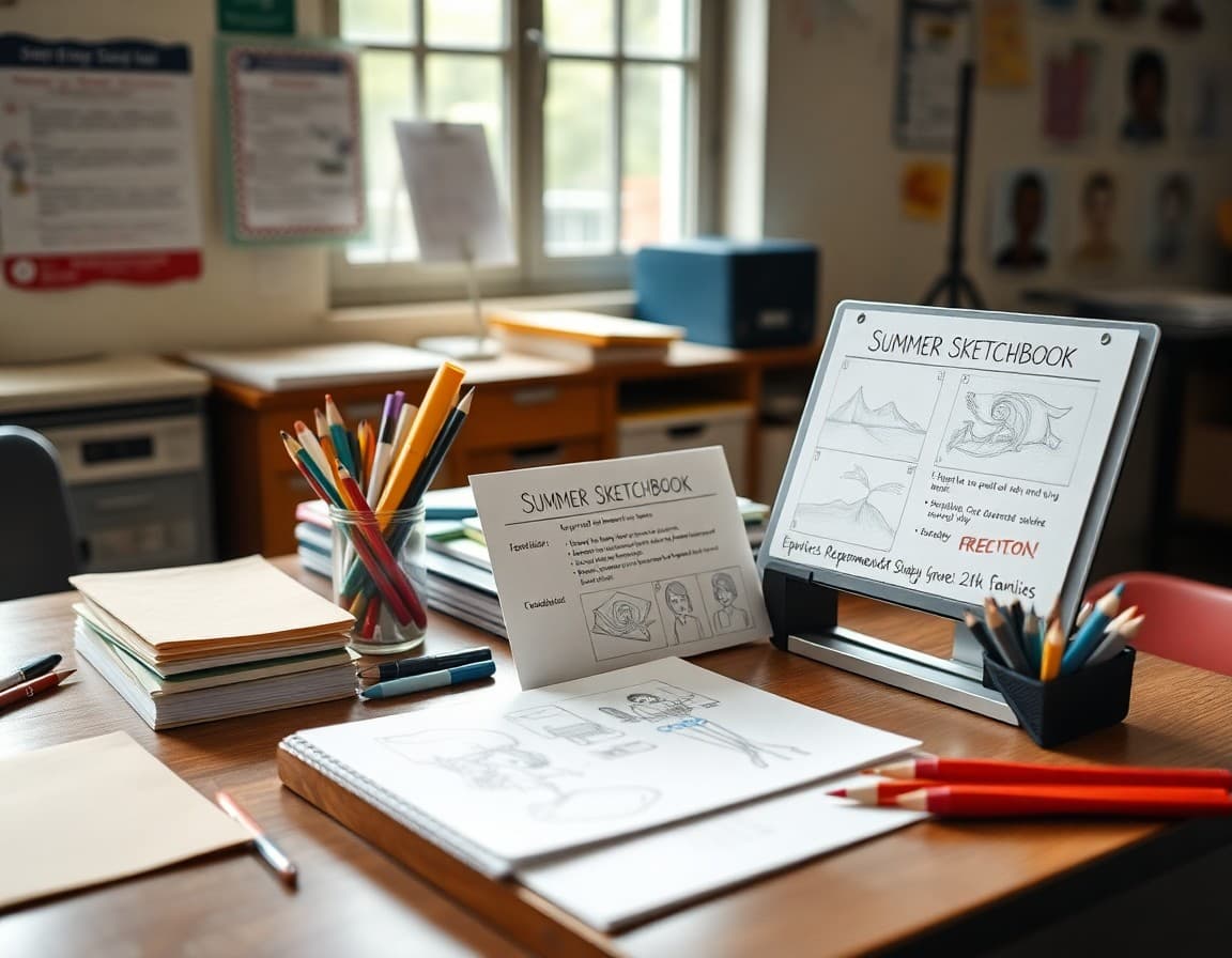 Art teacher's desk with summer sketchbook assignment sheet, example drawings, and supply recommendations for families