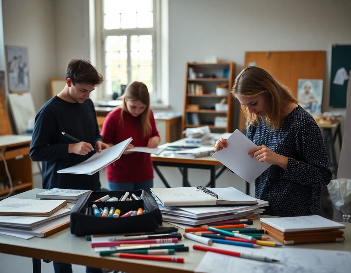 Art students setting up personal supply kits at their studio desks with sketchbooks and drawing materials