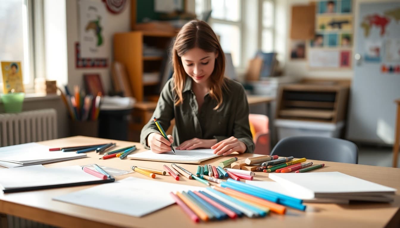 Art teacher organizing classroom supply list with colored pencils, brushes, and sketch pads arranged on a studio table