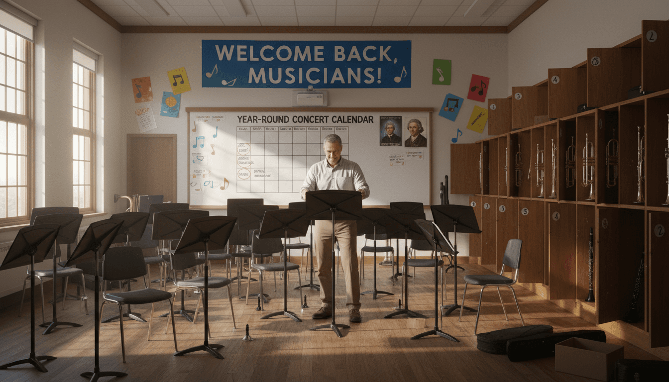 Band director setting up a band room with instrument storage racks and music stands ready for the new school year