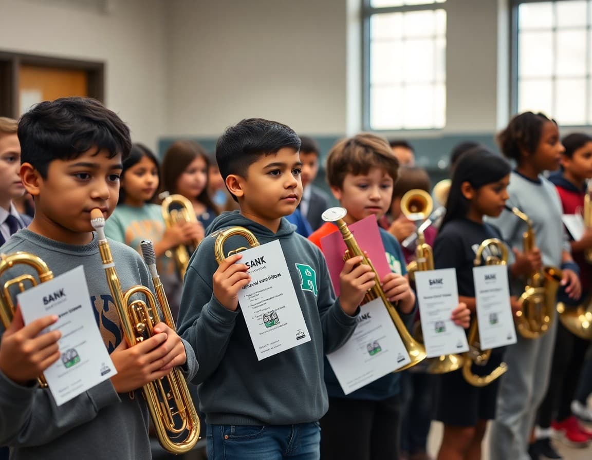 New band students holding instruments and receiving program information packets at the first band rehearsal