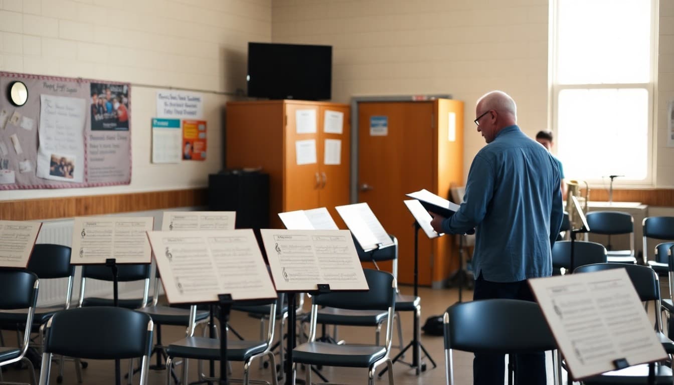 Band director setting up a rehearsal room with music stands, chairs, and instrument storage before the first day of band
