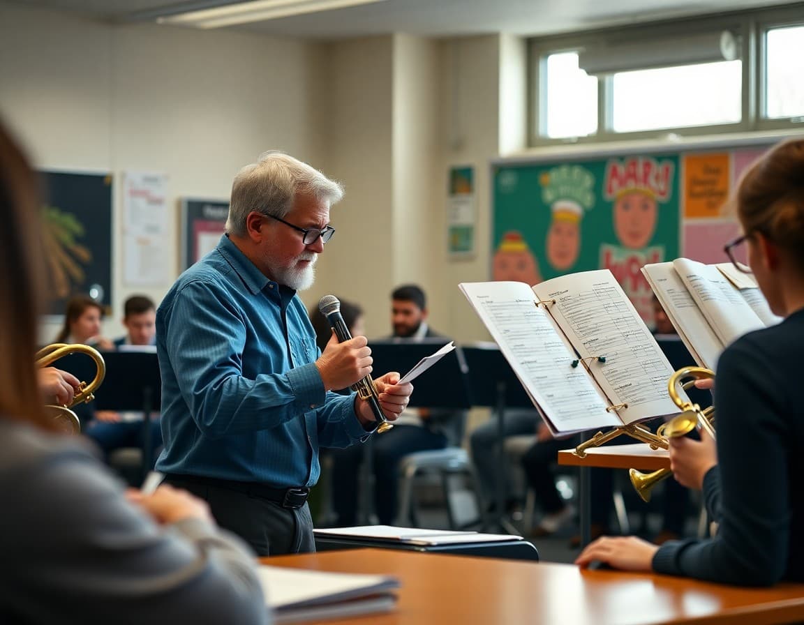 Band teacher updating ensemble rehearsal plans and concert repertoire for a new program curriculum approach