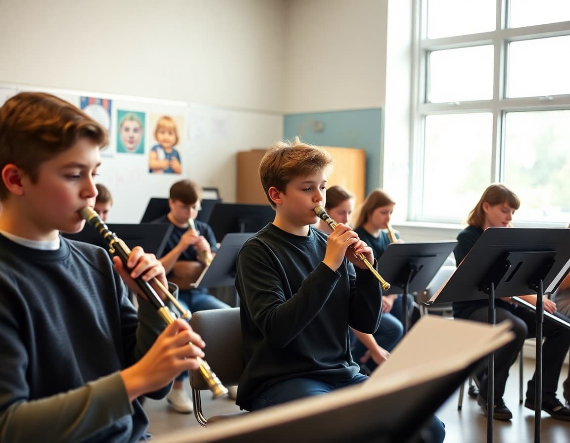 Band students at different skill levels working on individualized scale exercises and concert excerpts in a music room
