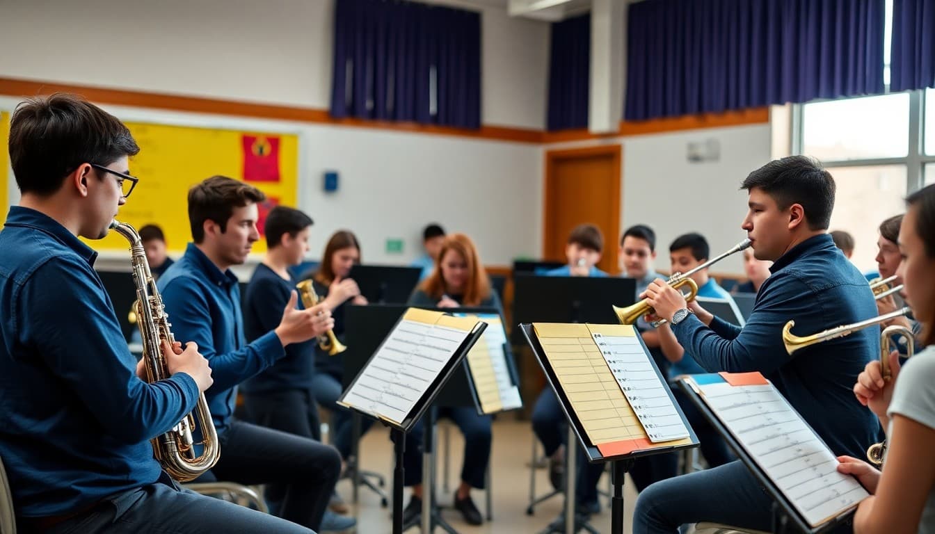 Band director working with different instrument sections individually during a differentiated rehearsal session