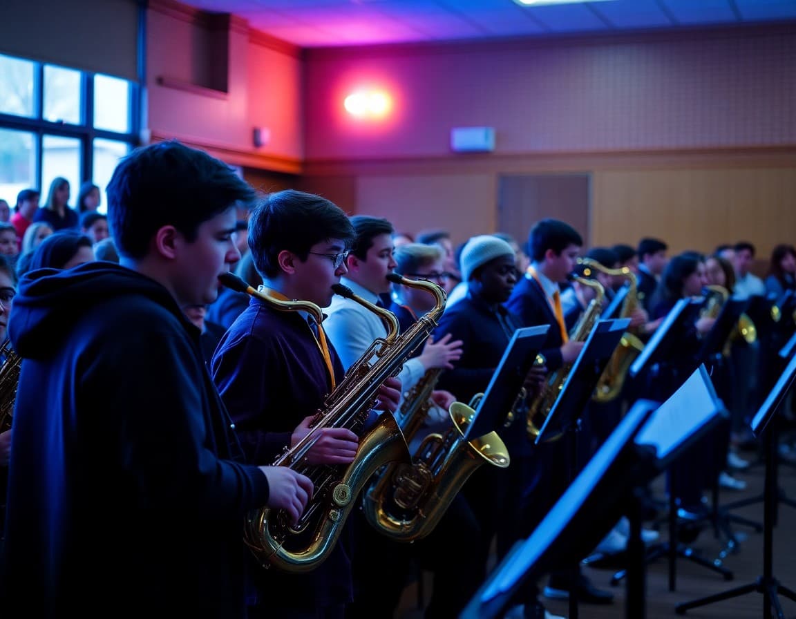 High school jazz band students performing at a school evening concert with full audience in attendance