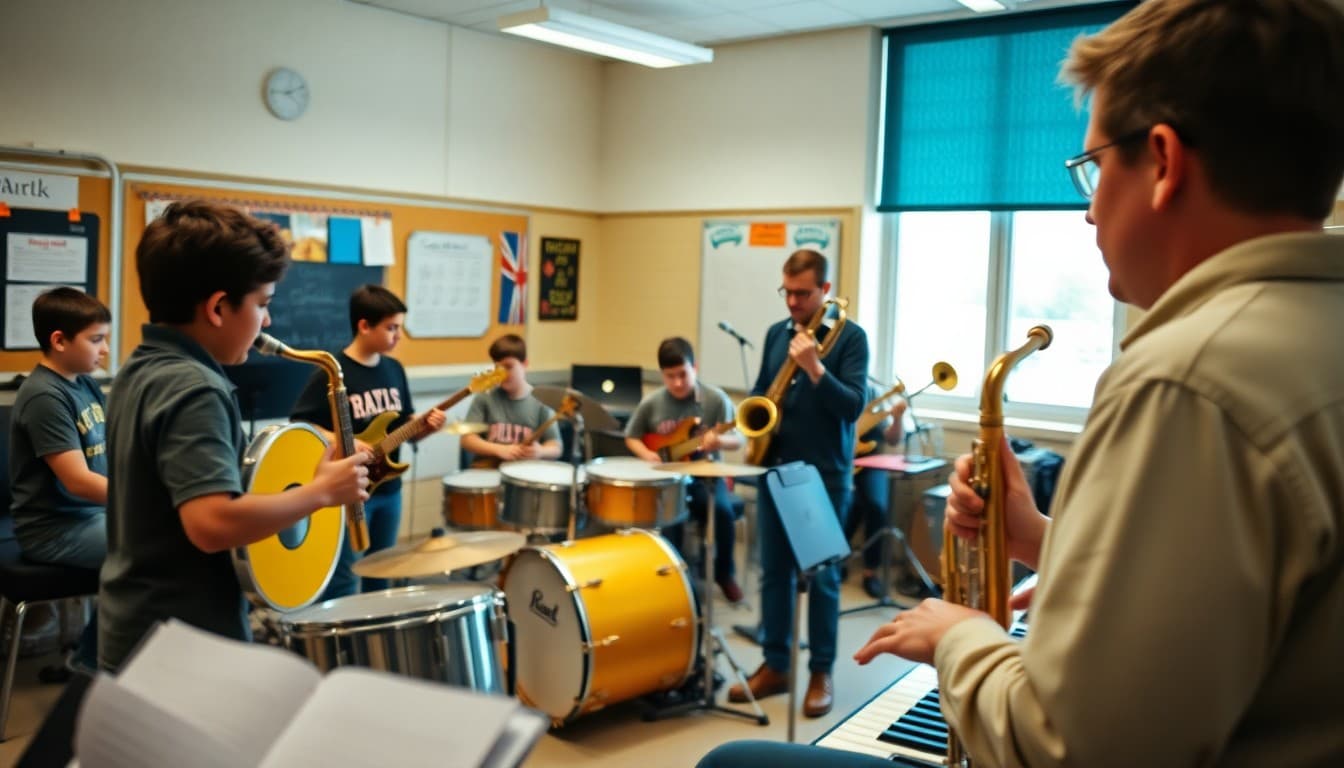 Band director and students at an after-school jazz band rehearsal with drums, brass, and piano in a music room