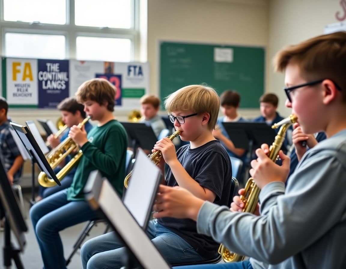 Beginning band students playing their instruments during the first unit of fall rehearsals in a school music room