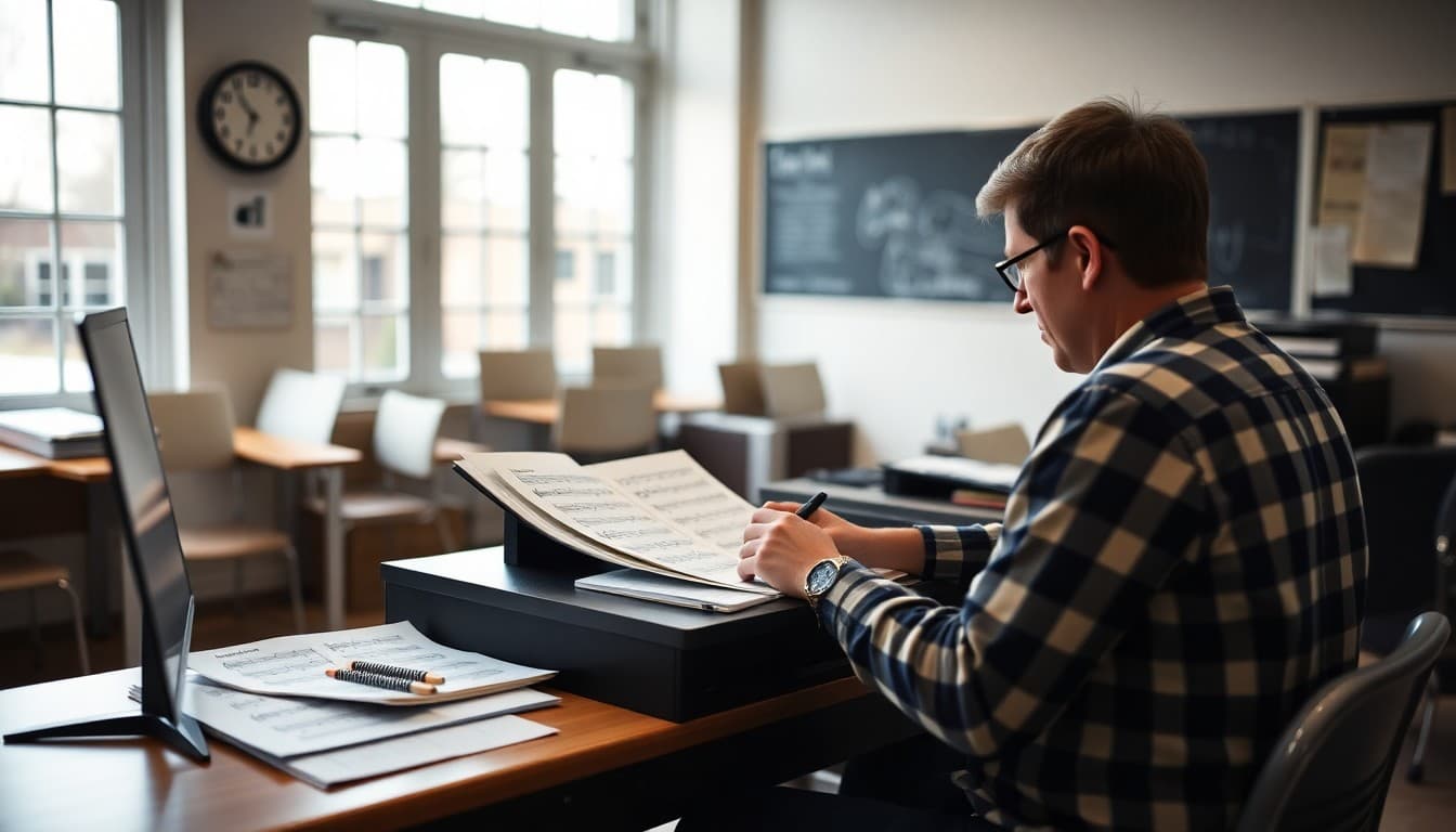 Band director writing a rehearsal unit overview newsletter at a music room desk with sheet music spread out