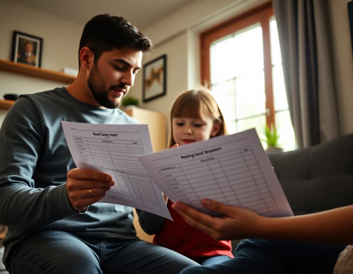 Parent and student reviewing a band grade report with a practice log and assessment sheet at home