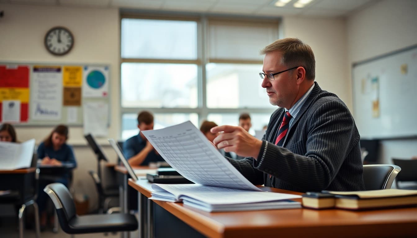 Band director reviewing student playing assessment scores and grade reports at a music room desk