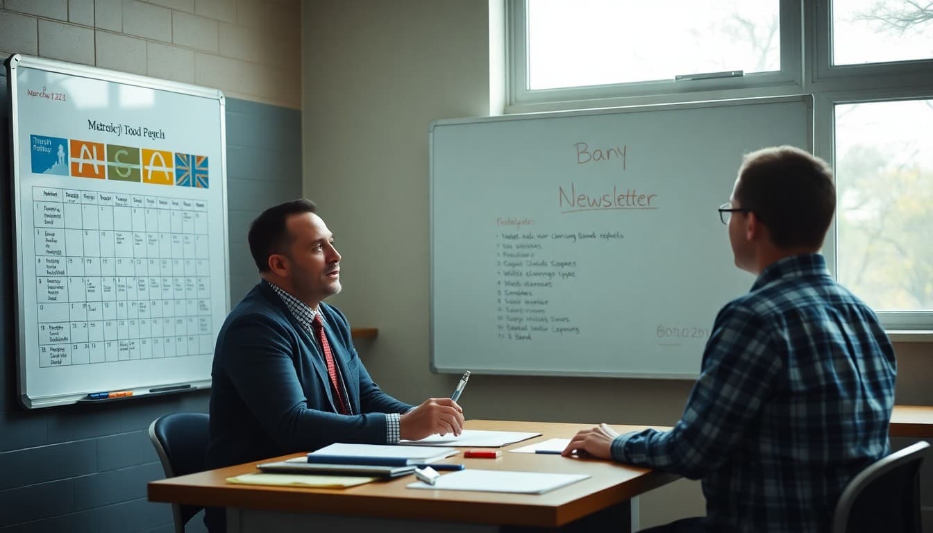 Band director planning newsletter topics on a whiteboard beside a marching band calendar