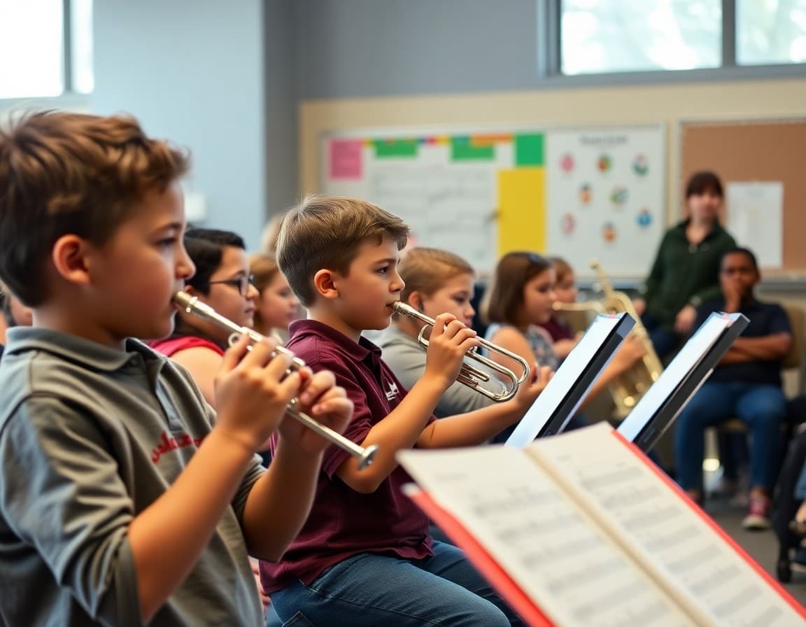 Band students performing at a special Music In Our Schools Month community event with families in attendance