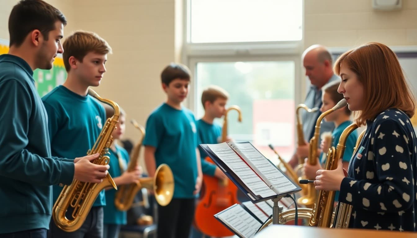 Band students and director celebrating Music In Our Schools Month with a special concert and instruments on display
