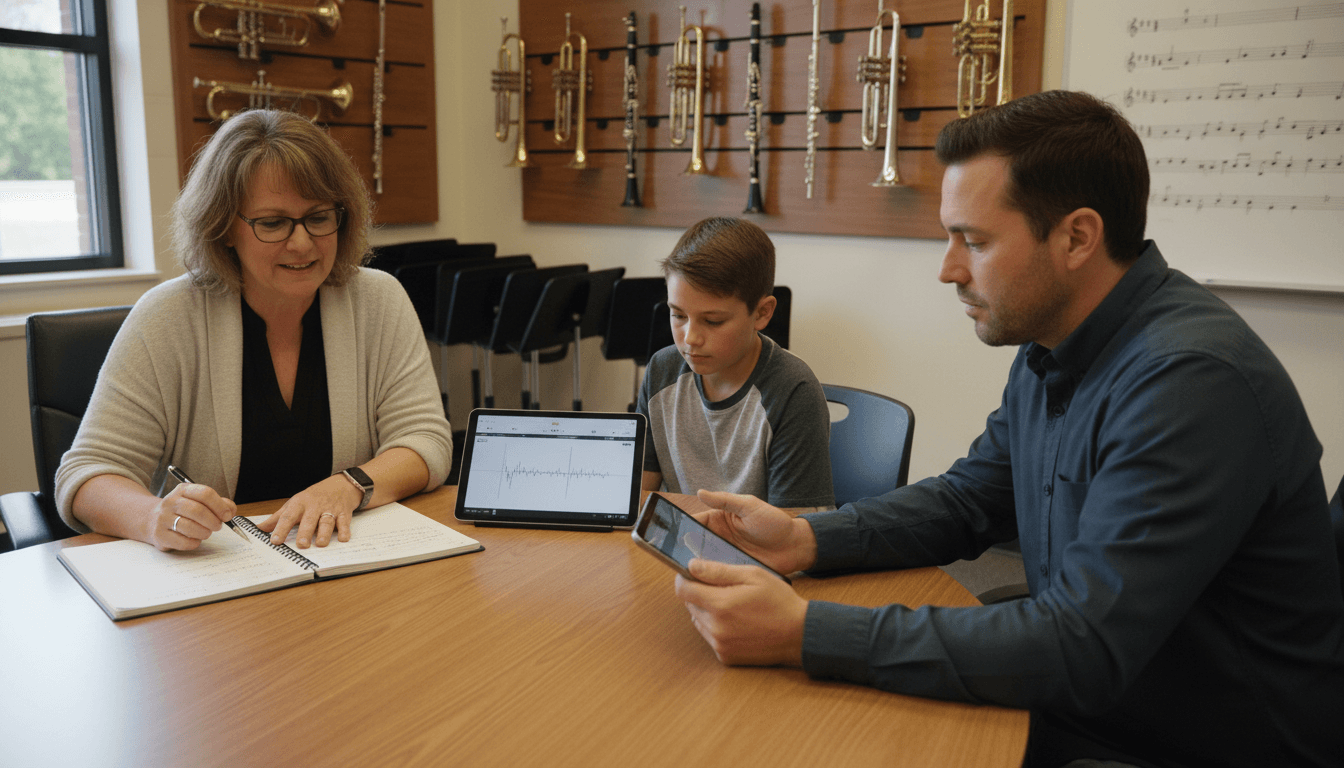 Band director at a conference table reviewing a student's playing assessment and practice log with a parent