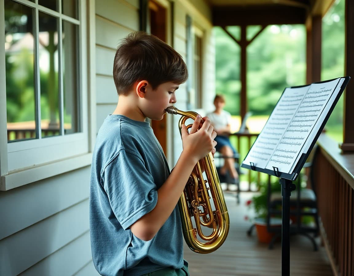 Student practicing their band instrument on a porch in summer with sheet music on a stand