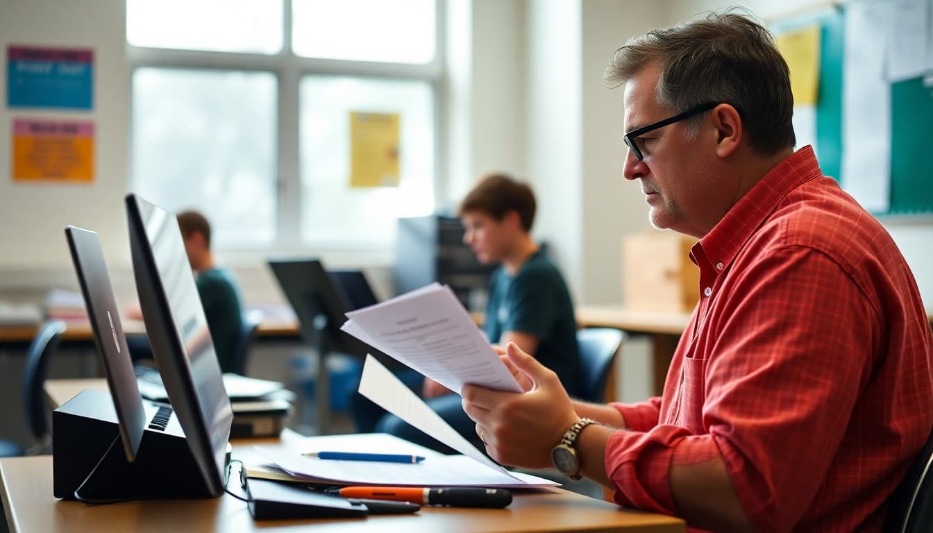 Band director preparing summer practice packets and listening assignments for students at a music room desk