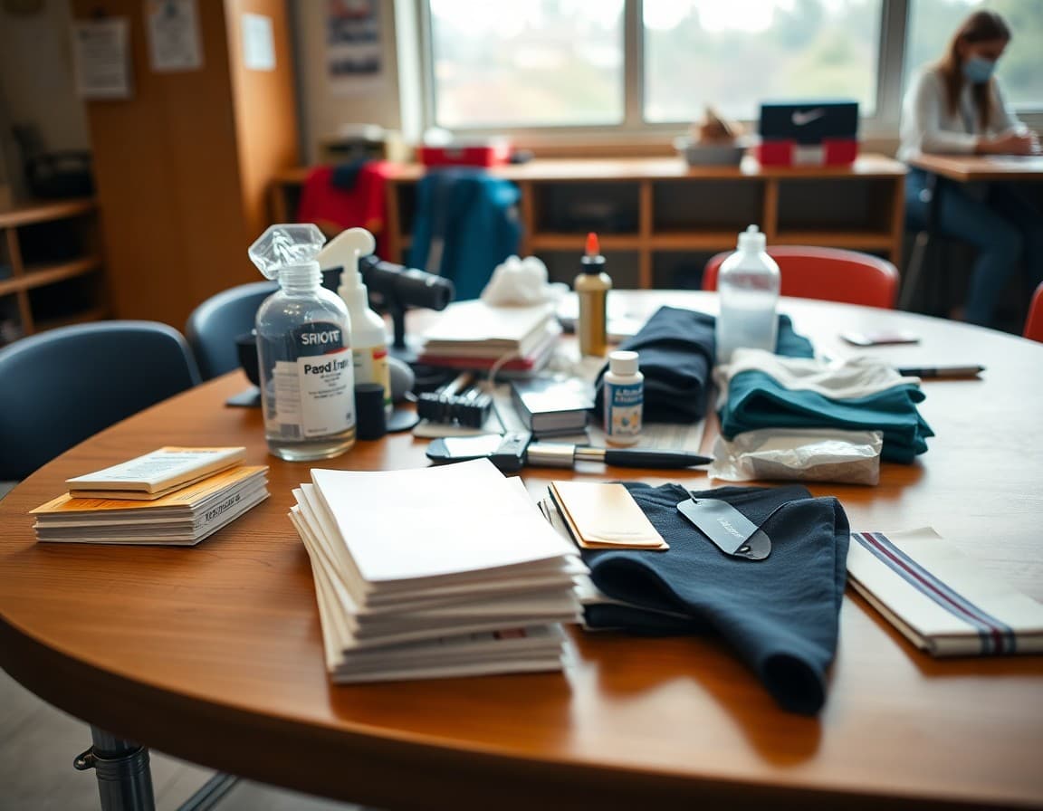 Organized band supply table with reeds, valve oil, rosin, and concert attire items for a school band program