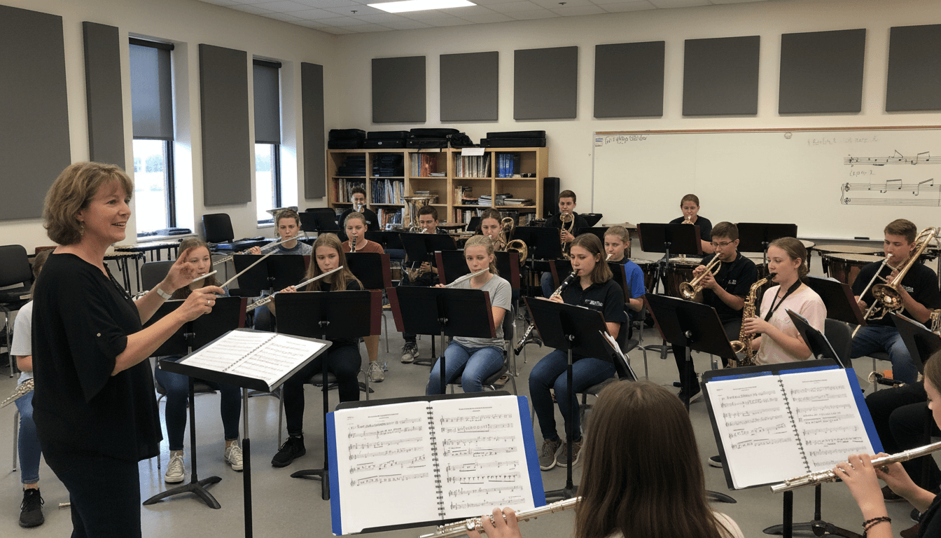 Band director reviewing playing test scales and rhythm exercises with students in a band room, instruments on music stands