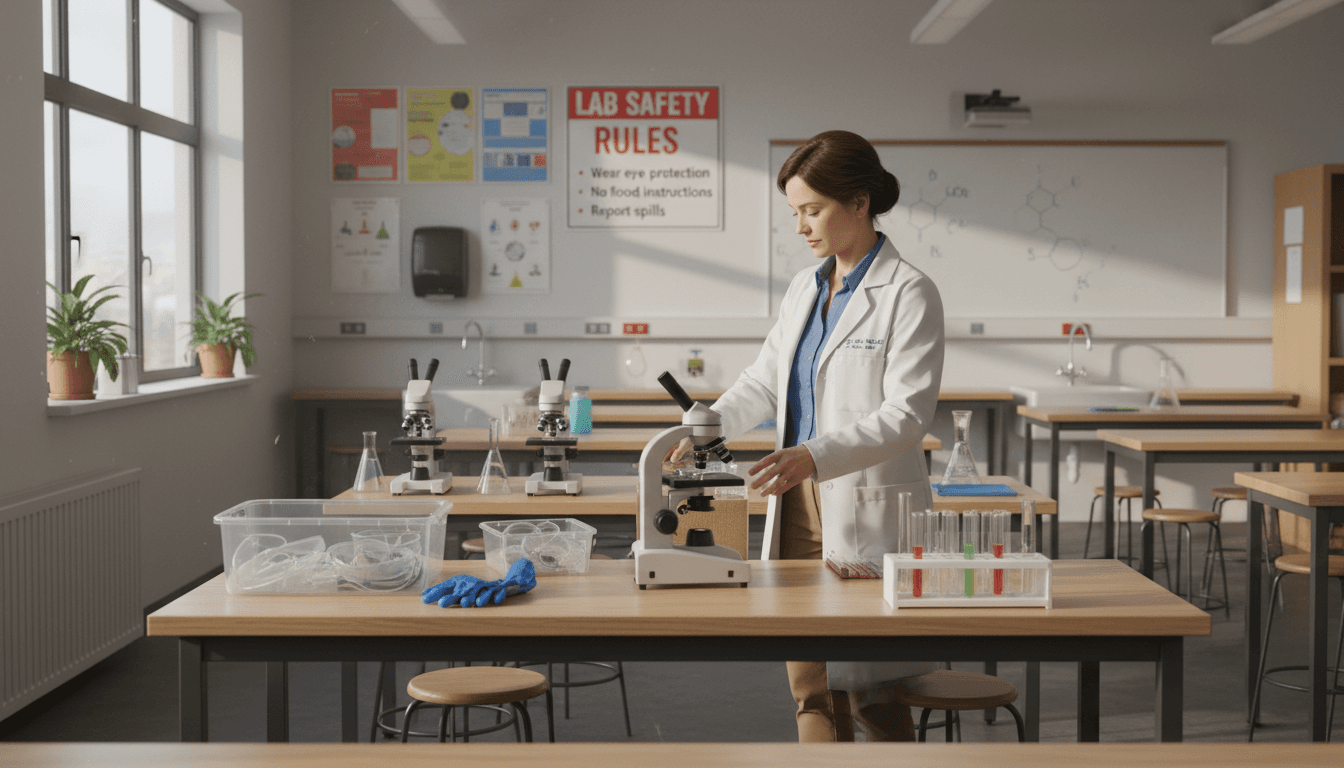 Biology teacher arranging lab equipment and microscopes in a bright biology lab ready for the new school year