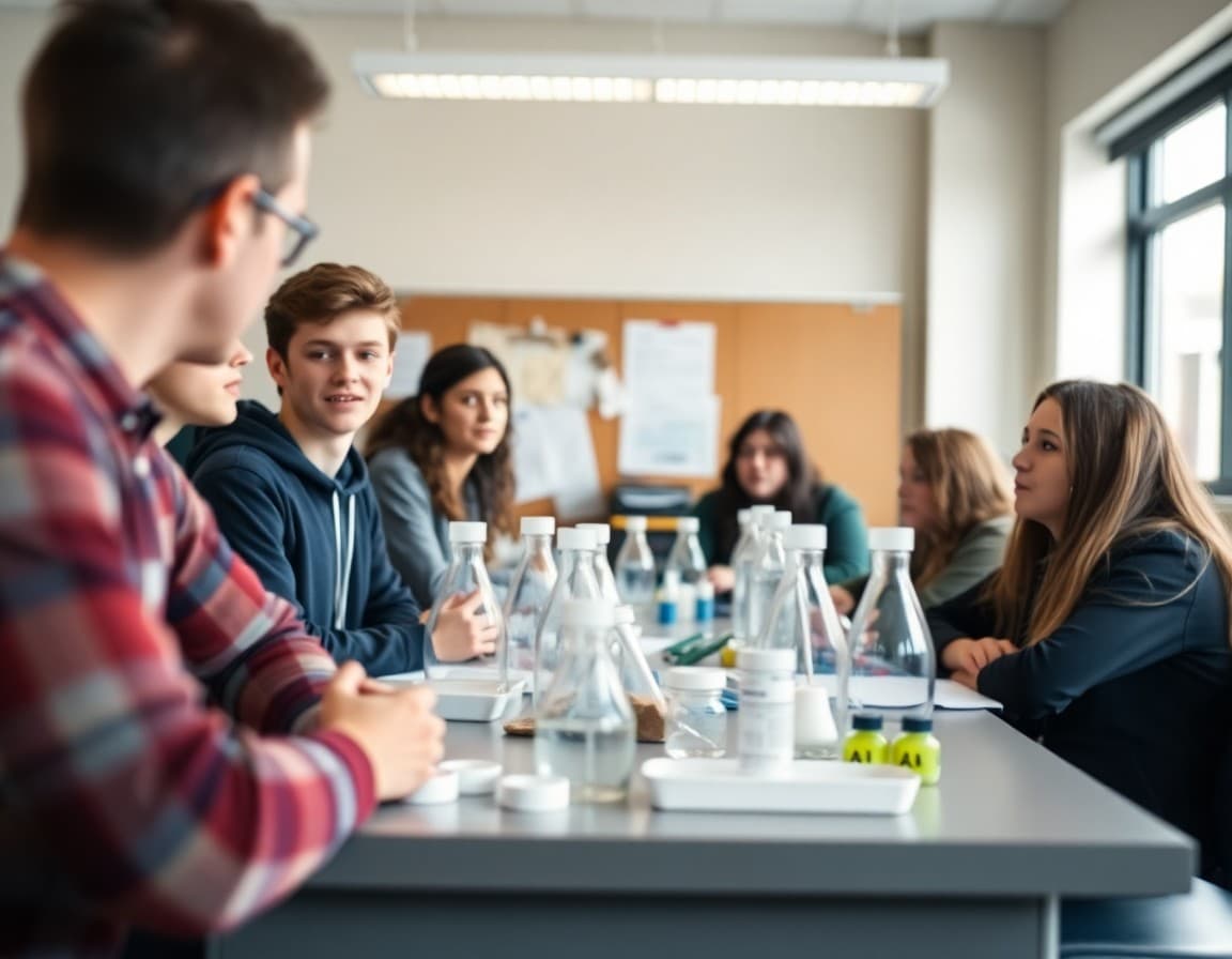 High school biology students receiving course overview on first day with lab materials visible