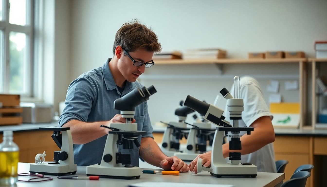 Biology teacher arranging microscopes and lab safety equipment before first day of school year