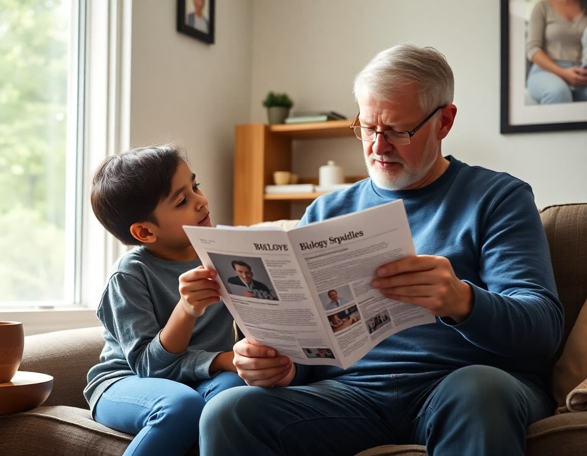 Parent reading updated biology curriculum newsletter with student at home