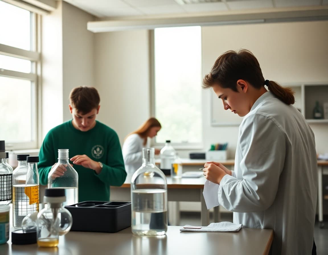 Biology students completing varied complexity lab activities at different stations in classroom