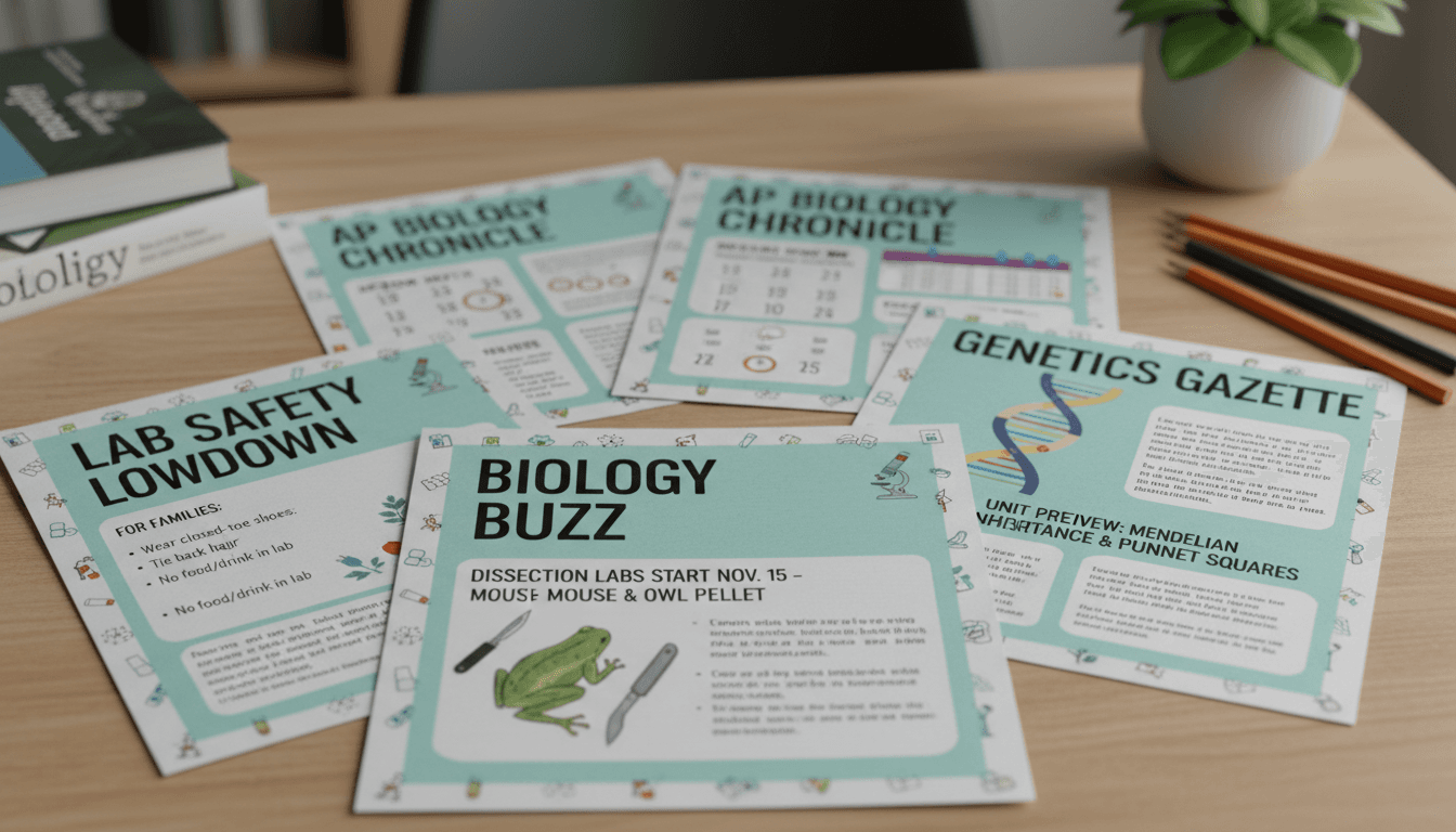 Several biology classroom newsletter examples highlighting dissection lab announcements, AP exam timelines, and genetics unit previews
