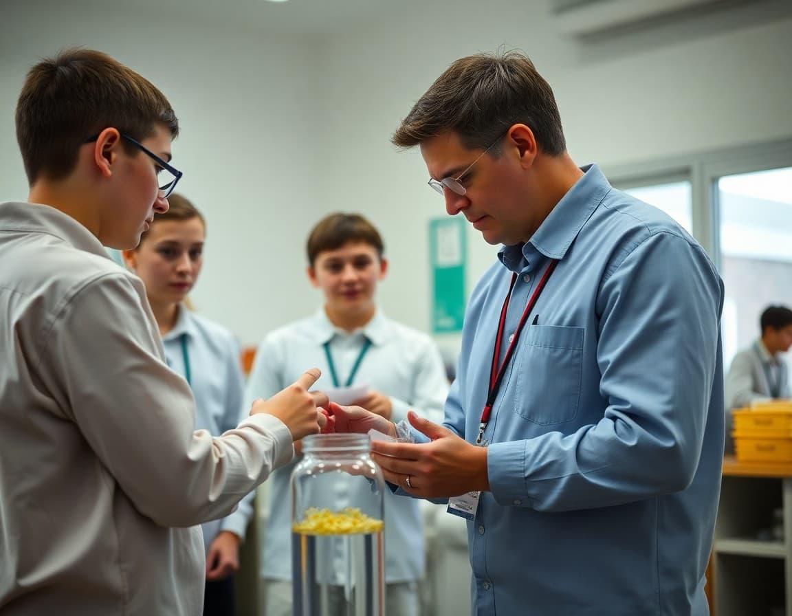 Biology teacher advisor working with Science Olympiad team on specimen identification after school