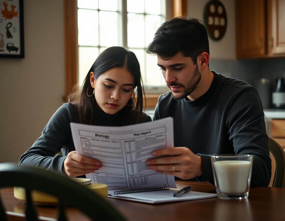 Parent reviewing biology grade report newsletter with student at kitchen table