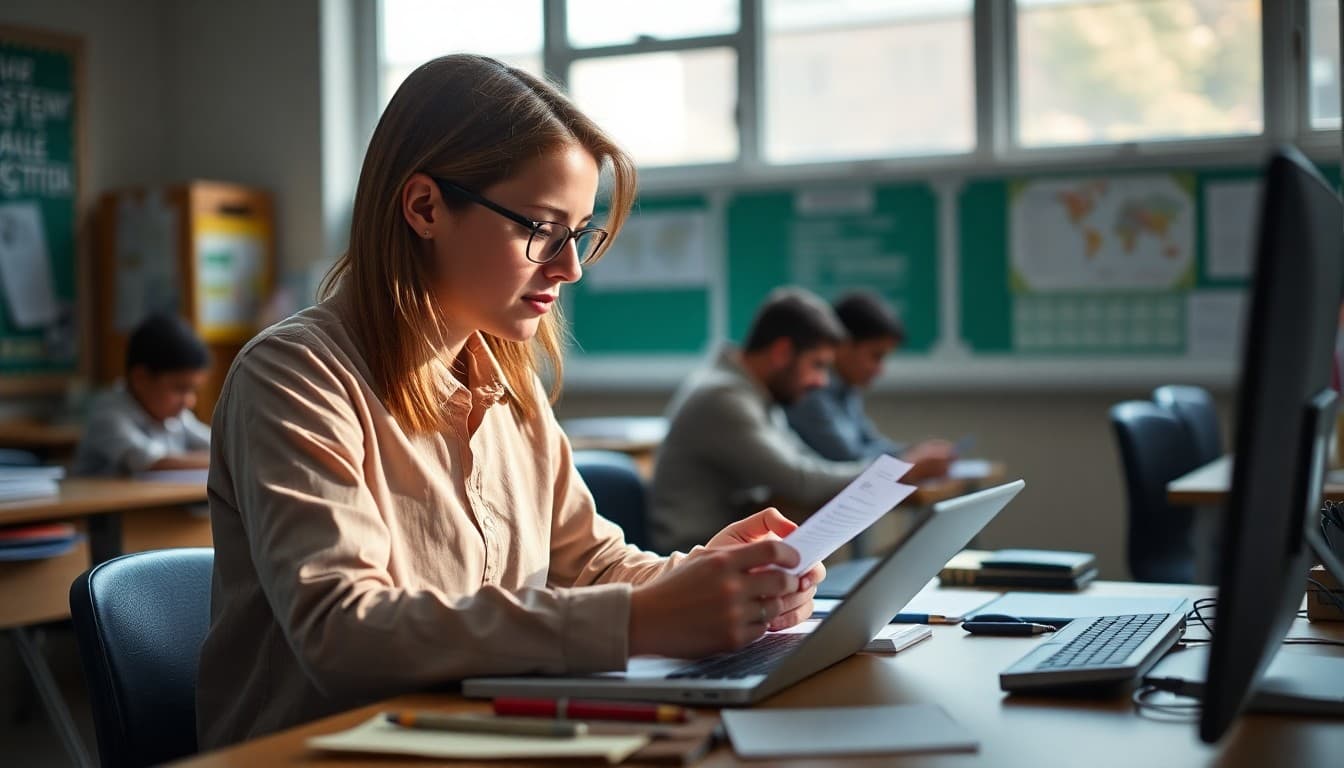 Biology teacher reviewing student lab report grades at desk before sending family grade update