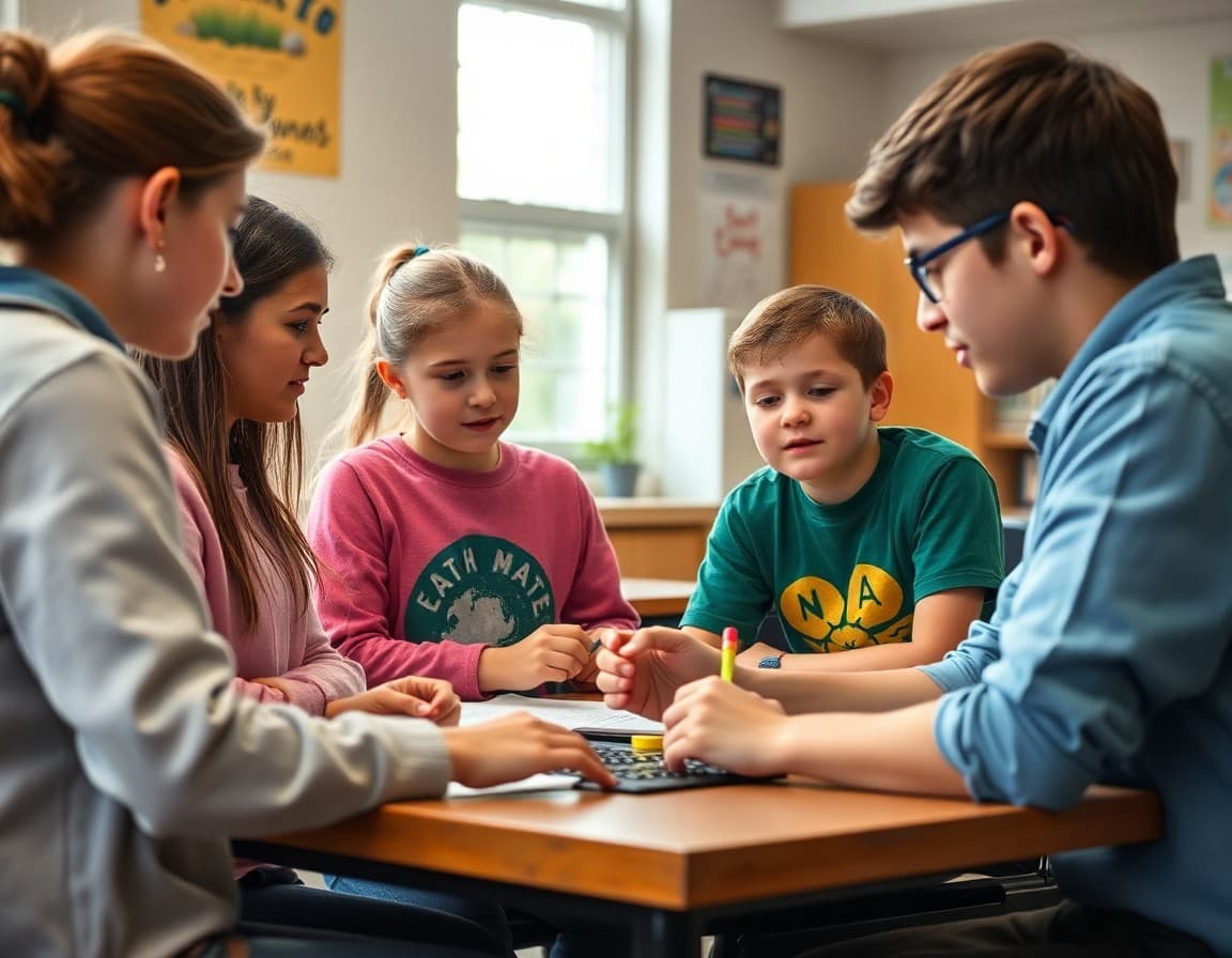 Biology teacher and students discussing Earth Day ecology activities during national awareness month