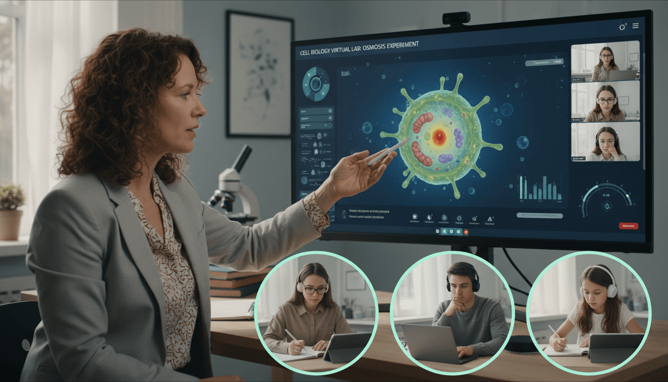 Biology teacher demonstrating a virtual lab simulation on a shared screen during video call with students following from home
