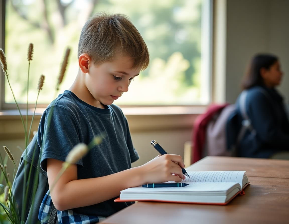 Student completing nature observation journal outdoors in summer as biology assignment