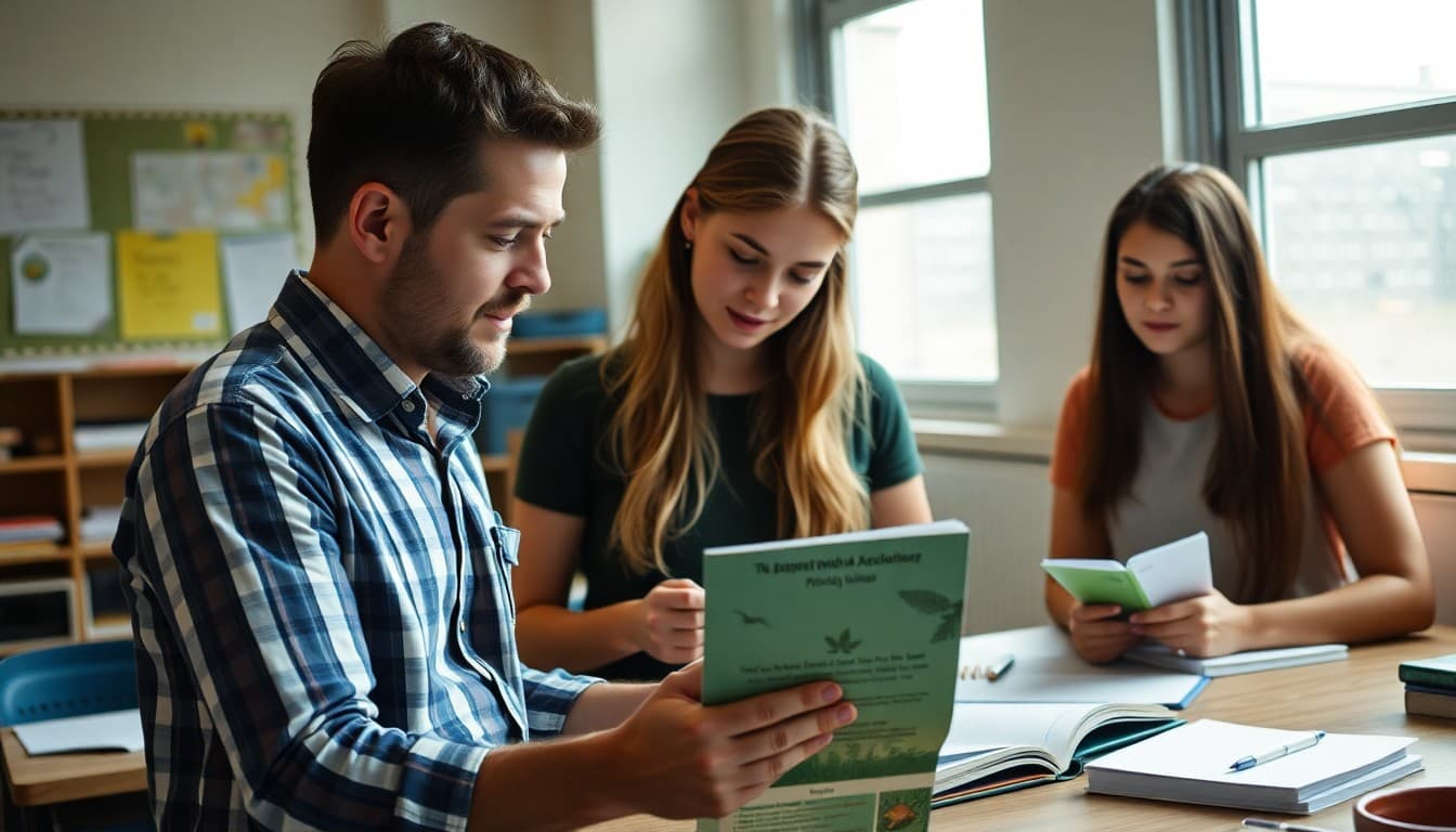 Biology teacher preparing summer observation assignment with ecology field guide and notebook