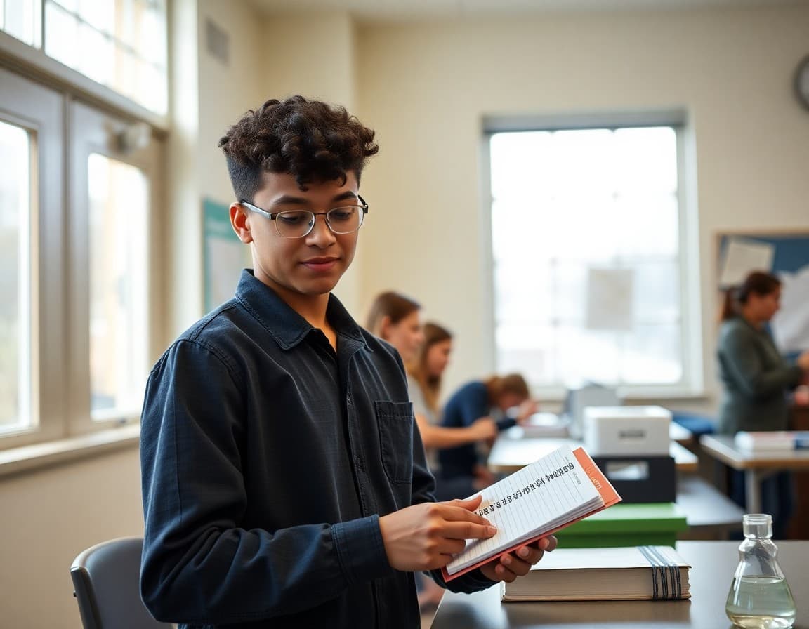 Student organizing biology lab supplies and notebook on first day of class