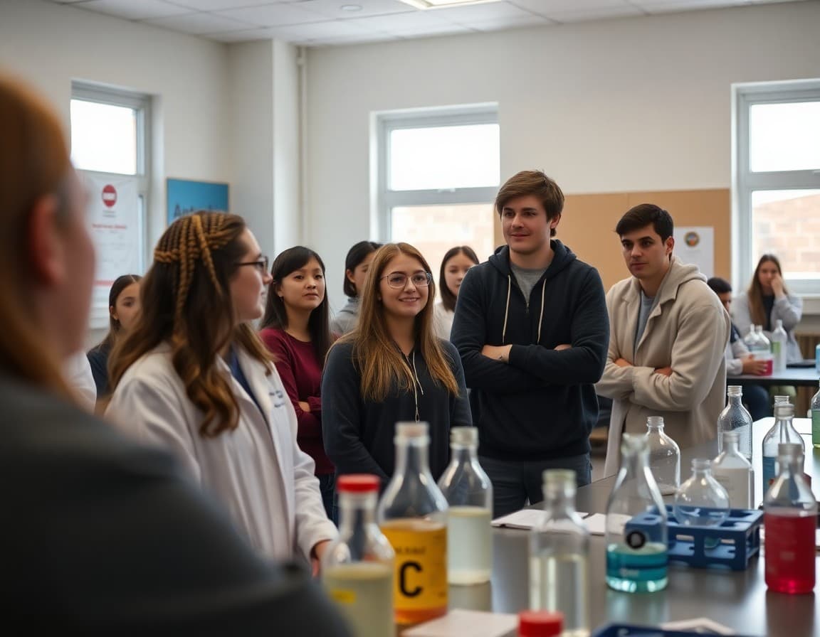 High school chemistry students receiving safety orientation on first day of chemistry class