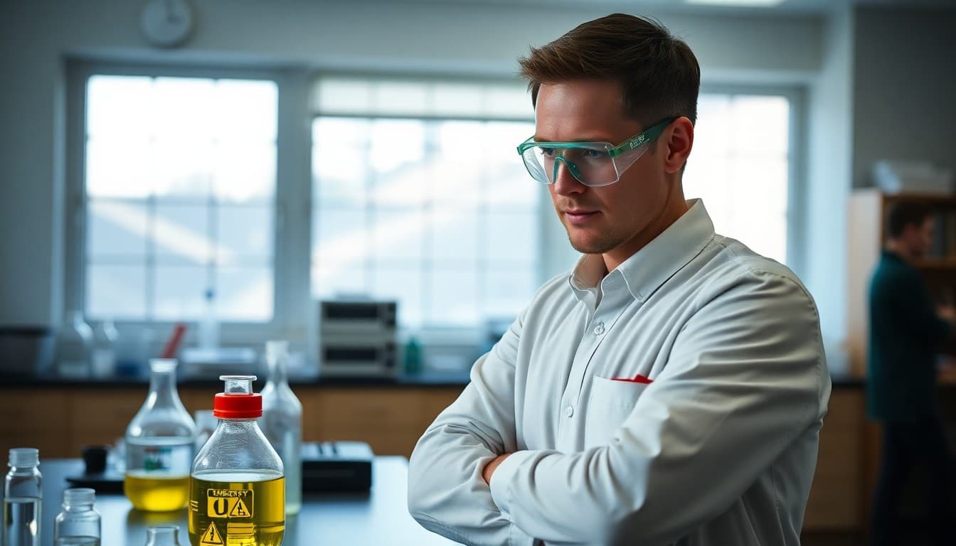 Chemistry teacher arranging lab safety equipment and goggles before first day of school year