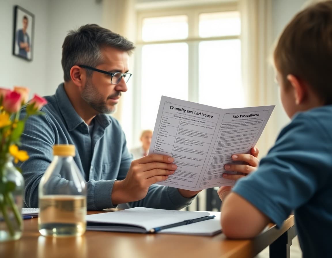 Parent reviewing updated chemistry curriculum and lab procedure newsletter at home
