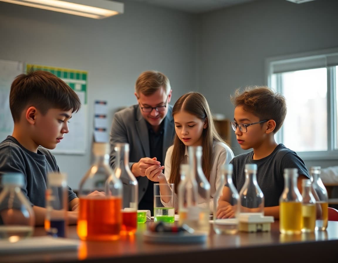 Chemistry teacher advisor supervising ChemClub students during after-school research activity