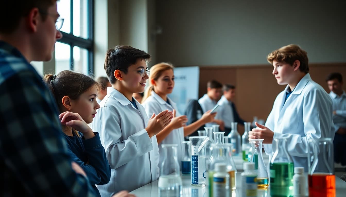 Chemistry club students presenting titration experiment results at regional science competition